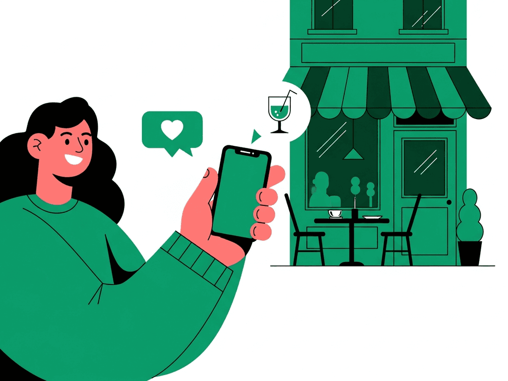 Illustration d'un client recommandant un restaurant sur les réseaux sociaux